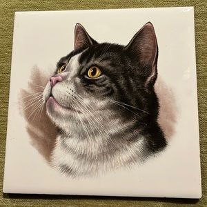 Cat Tile or Trivet, Hand decorated by Designed Tiles New York Cork Back & Hanger